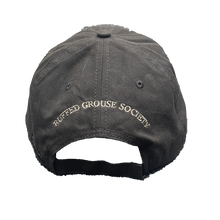 Load image into Gallery viewer, Canvas Charcoal Cap with Feather on Front and Ruffed Grouse Society on Back
