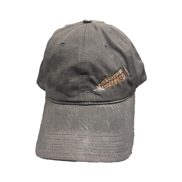 Canvas Charcoal Cap with Feather on Front and Ruffed Grouse Society on Back