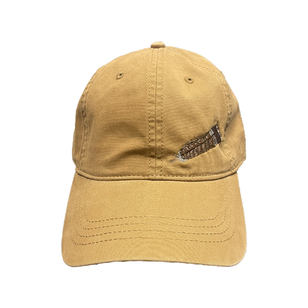 Canvas Khaki Cap with Feather on Front and Ruffed Grouse Society on Back