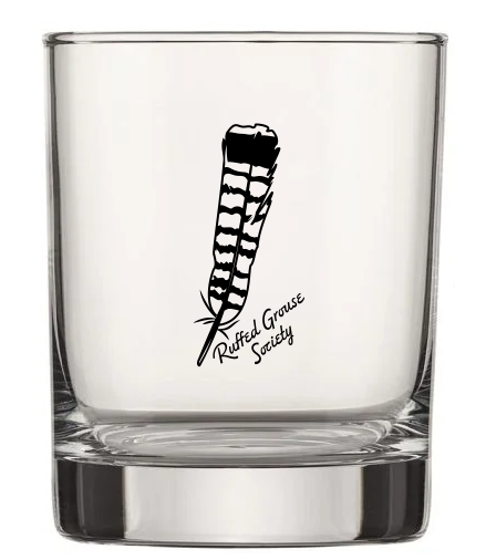 Double Old Fashioned Whiskey Glass with Ruffed Grouse Society & Feather Design