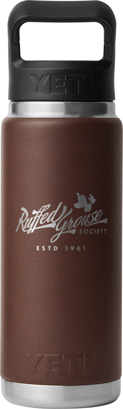 Yeti Rambler 26 oz Straw Bottle:  Wetlands Brown with Ruffed Grouse Society Graphic